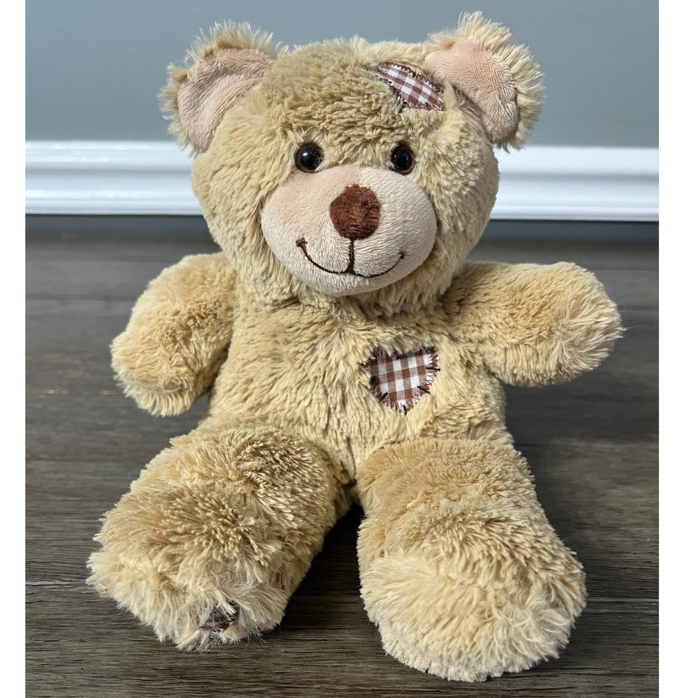Tan Shaggy Teddy Bear Plush Gingham Patchwork Hidden Pocket Stuffed Animal Toy